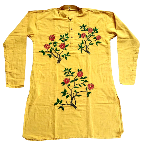 Yellow Floral Kantha Stitch Kurta - Handmade Cotton Kurta for Casual Wear