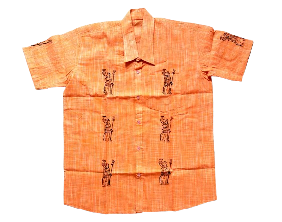 Hand-Printed Tribal Figure Cotton Shirt, Unique Orange Design, Casual Comfort