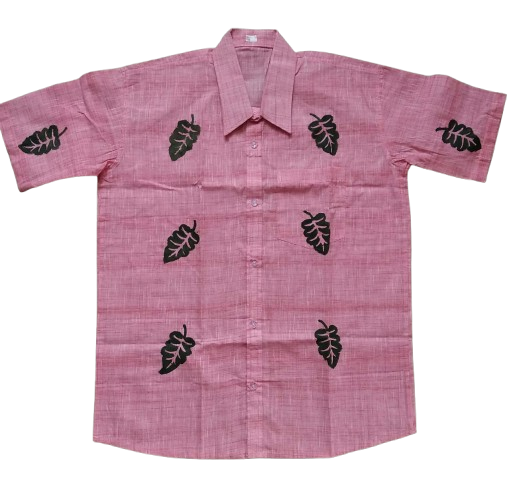 Hand-Block Printed Leaf Motif Cotton Shirt, Pink &amp; Black, Casual Style