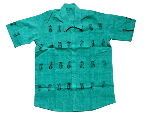Hand-Block Printed Motif Cotton Shirt, Teal Green, Unique Casual Wear