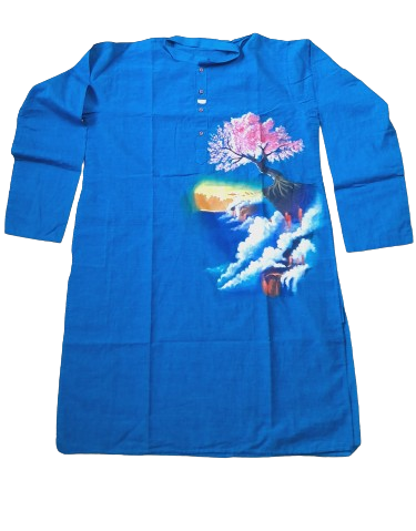 Azure Blue Printed Cotton Kurta for Men: Unique Scenic Design in Ethnic Fashion