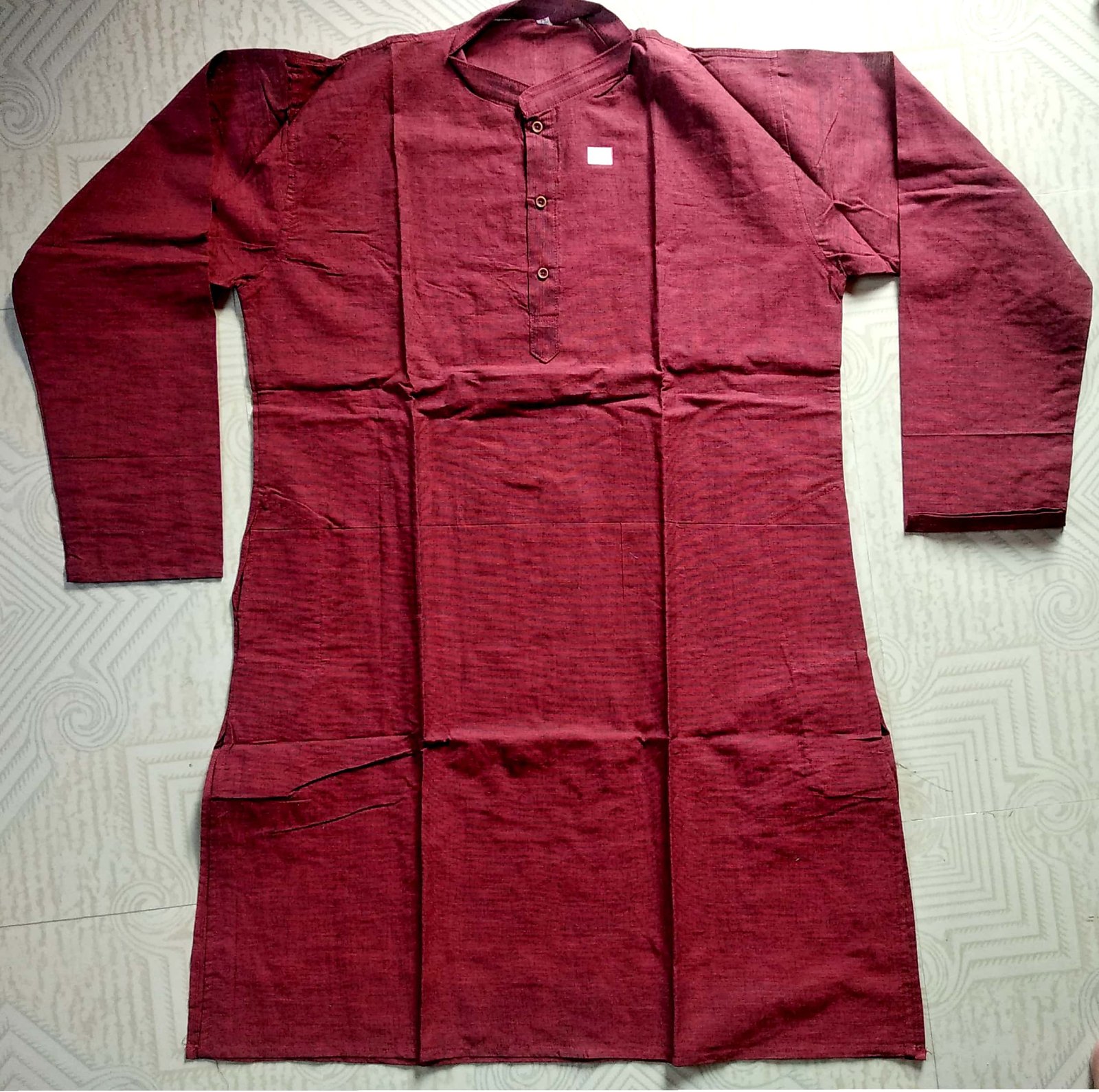 Maroon Cotton Long Sleeve Kurta: Classic Ethnic Wear with Mandarin Collar & Button Placket