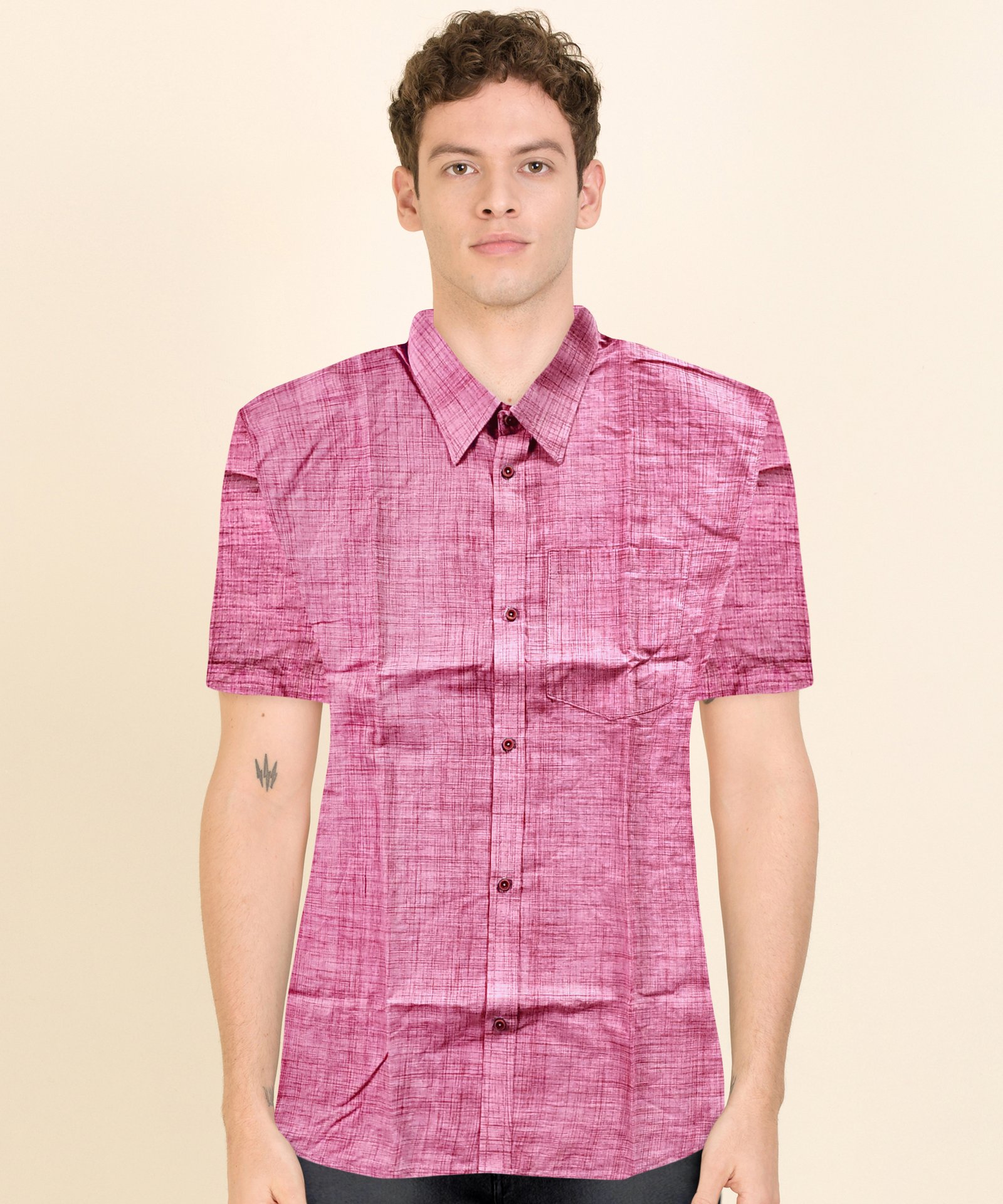Rose Tinted Comfort: Men's Light Pink Linen Shirt, Short Sleeves, Relaxed Fit, Perfect for Summer