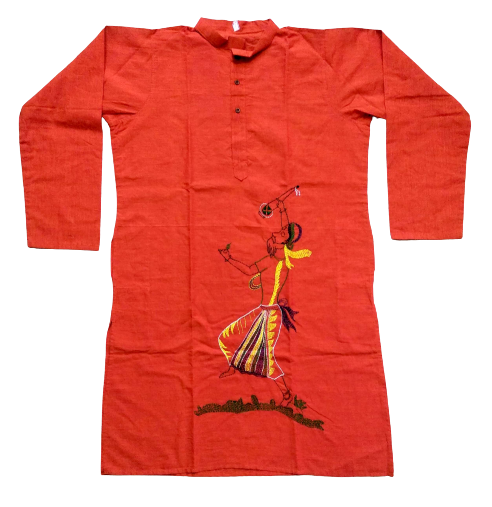 Red Kantha Stitch Cotton Kurta - Handmade Traditional Design Kurta for Men