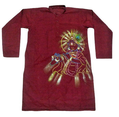 Maroon Krishna Print Cotton Kurta for Men: Spiritual Style in Ethnic Fashion