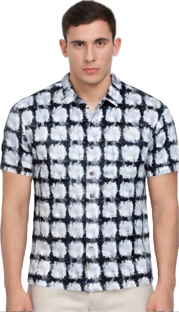 Abstract Grid Style: Mens Black and White Patterned Shirt, Short Sleeves, Unique Casual Wear