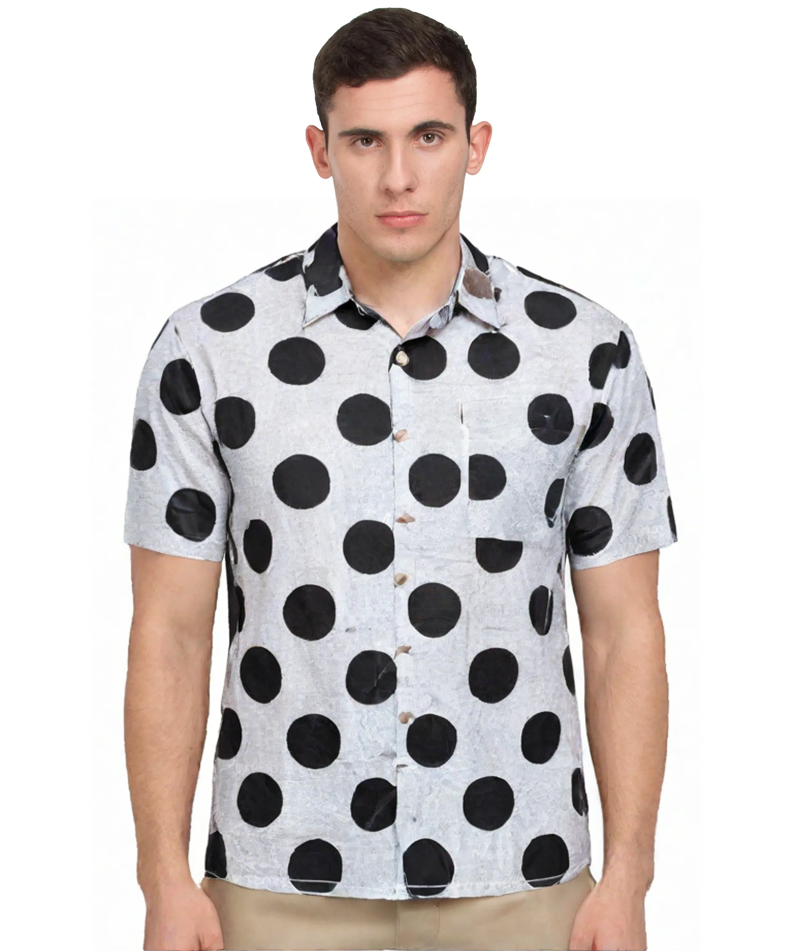 Bold Polka Dot Statement: Men's Gray Shirt with Large Black Dots, Short Sleeves, Unique Casual Style