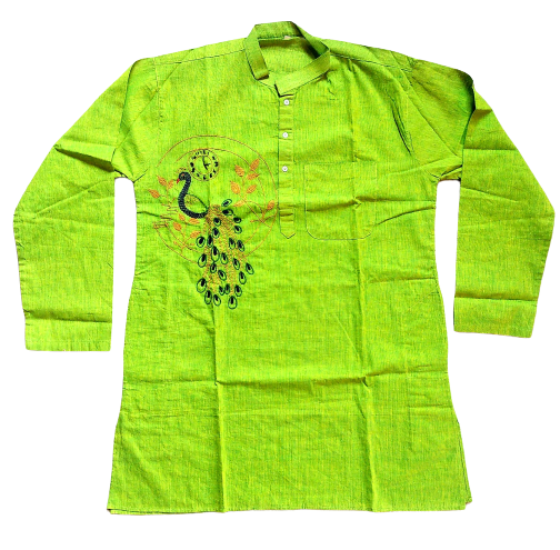 Green Kantha Stitch Peacock Kurta - Handmade Cotton Kurta for Casual Indian Wear