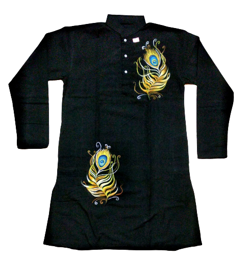 Black Peacock Feather Print Cotton Kurta for Men: Elegant Ethnic Statement Piece