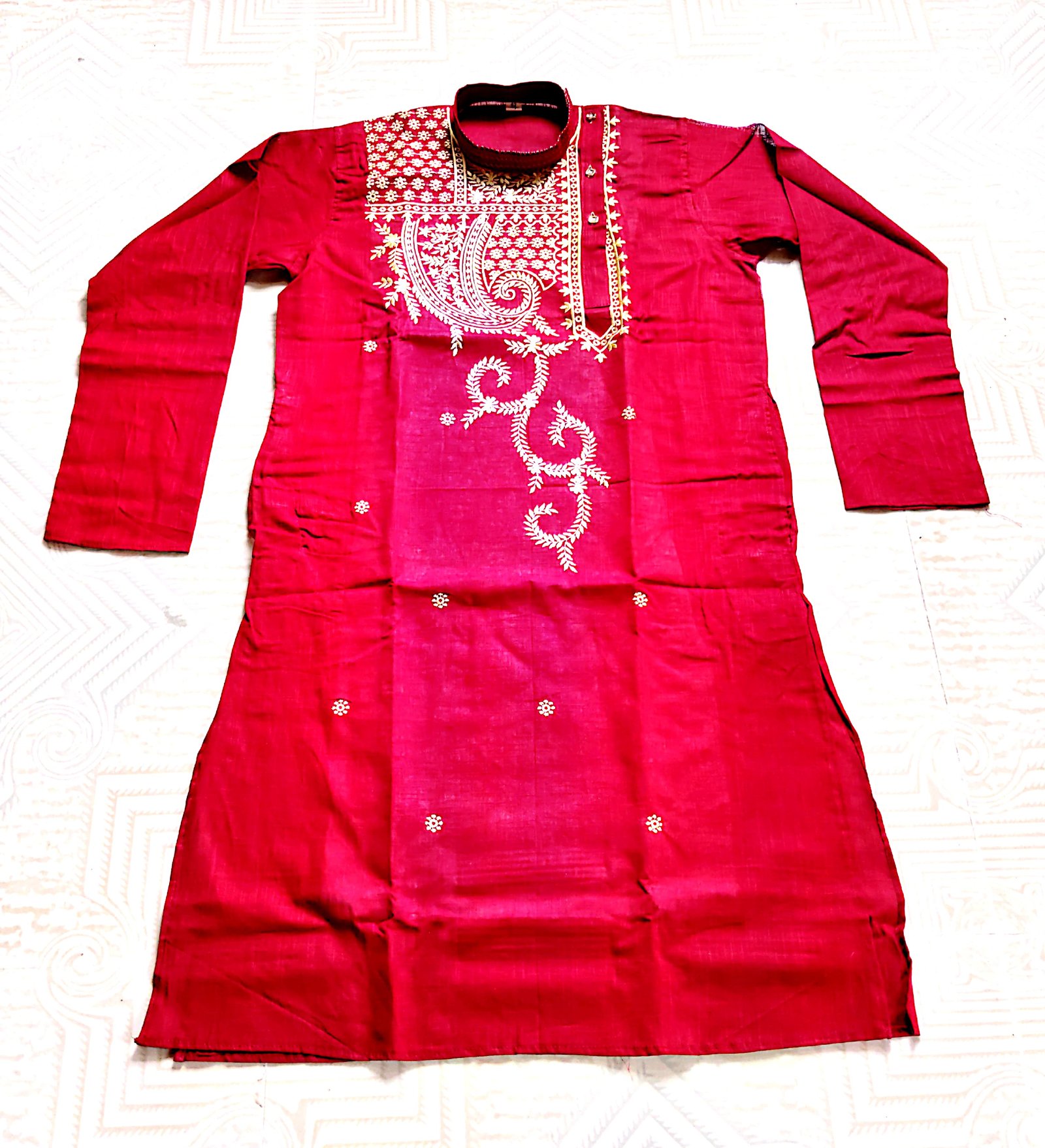 Red Embroidered Cotton Kurta: Elegant Festive Wear with Long Sleeves and Classic Design