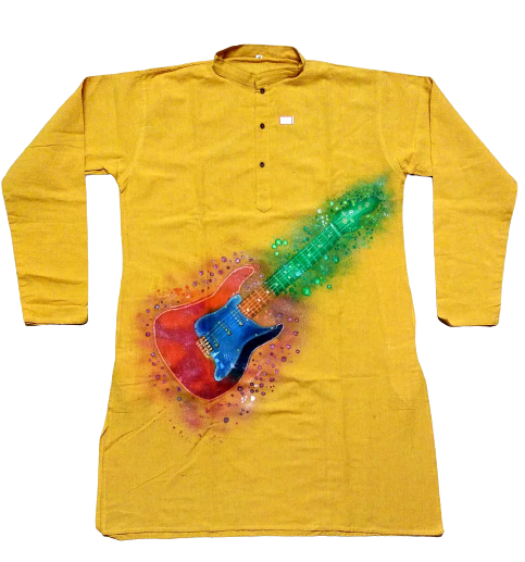 Mustard Cotton Guitar Print Kurta for Men: Rock-Inspired Ethnic Style Statement
