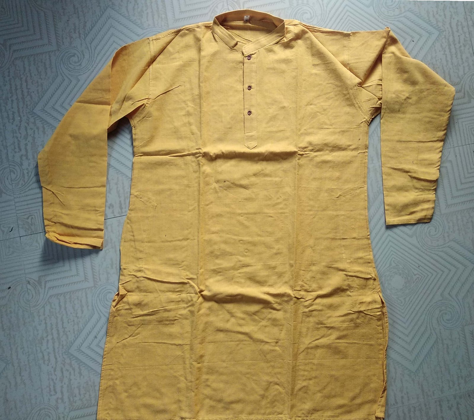Golden Hues Men's Mustard Yellow Khadi Kurta with Mandarin Collar & Wooden Buttons