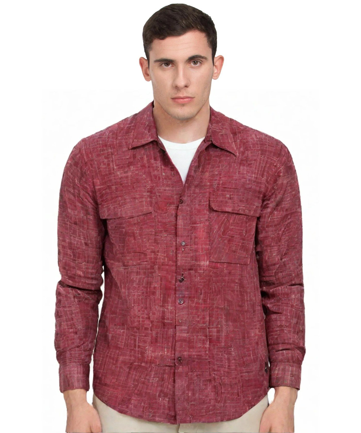 Rustic Maroon Charm: Men's Textured Long Sleeve Shirt, Dual Pockets, Rugged Casual Style