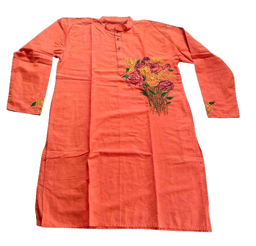 Peach Floral Kantha Stitch Kurta - Handmade Cotton Festive & Casual Wear