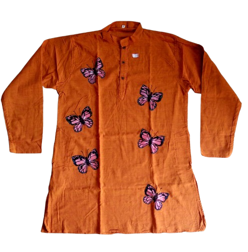 Tangerine Butterfly Print Cotton Kurta: Whimsical Ethnic Men's Fashion Statement