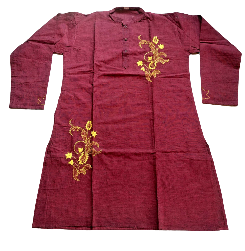 Maroon Floral Kantha Stitch Kurta - Handmade Cotton Indian Casual Ethnic Wear