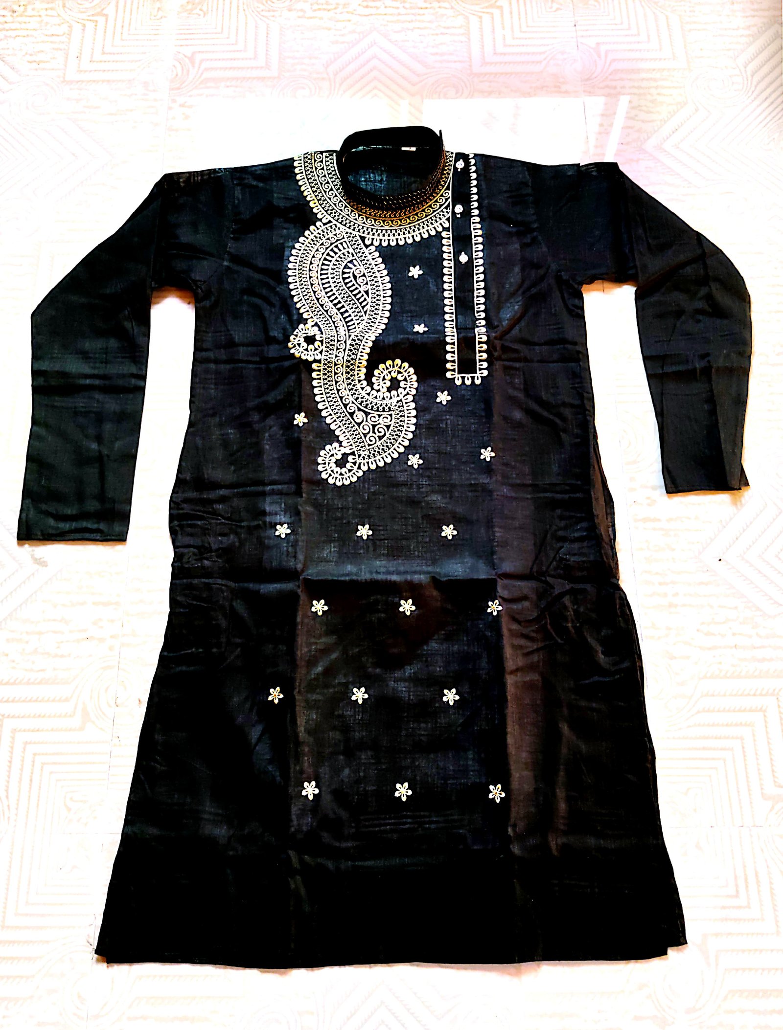 Black Cotton Kurta with White Embroidery: Elegant Festive Wear, Long Sleeves, Stylish & Comfortable