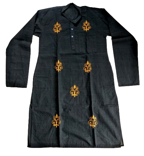 Black Geometric Kantha Stitch Kurta - Handmade Cotton Indian Ethnic Casual Wear