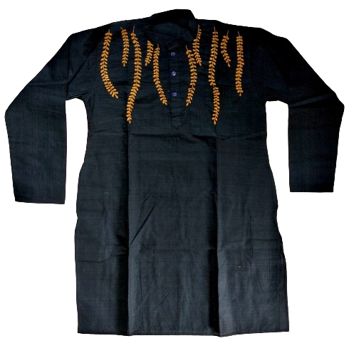 Black Leaf Pattern Kantha Stitch Kurta - Handmade Cotton Casual Indian Wear