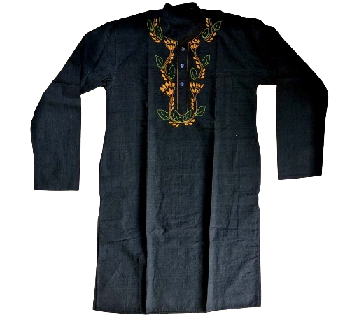 Black Floral Neck Kantha Stitch Kurta - Handmade Cotton Casual Indian Style