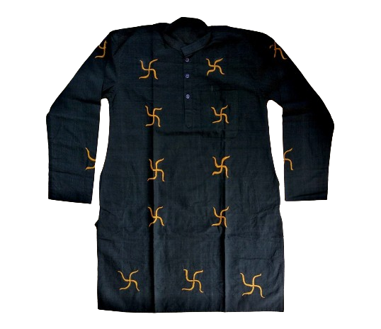 Black Swastika Motif Kantha Stitch Kurta - Handmade Cotton Stylish Ethnic Wear