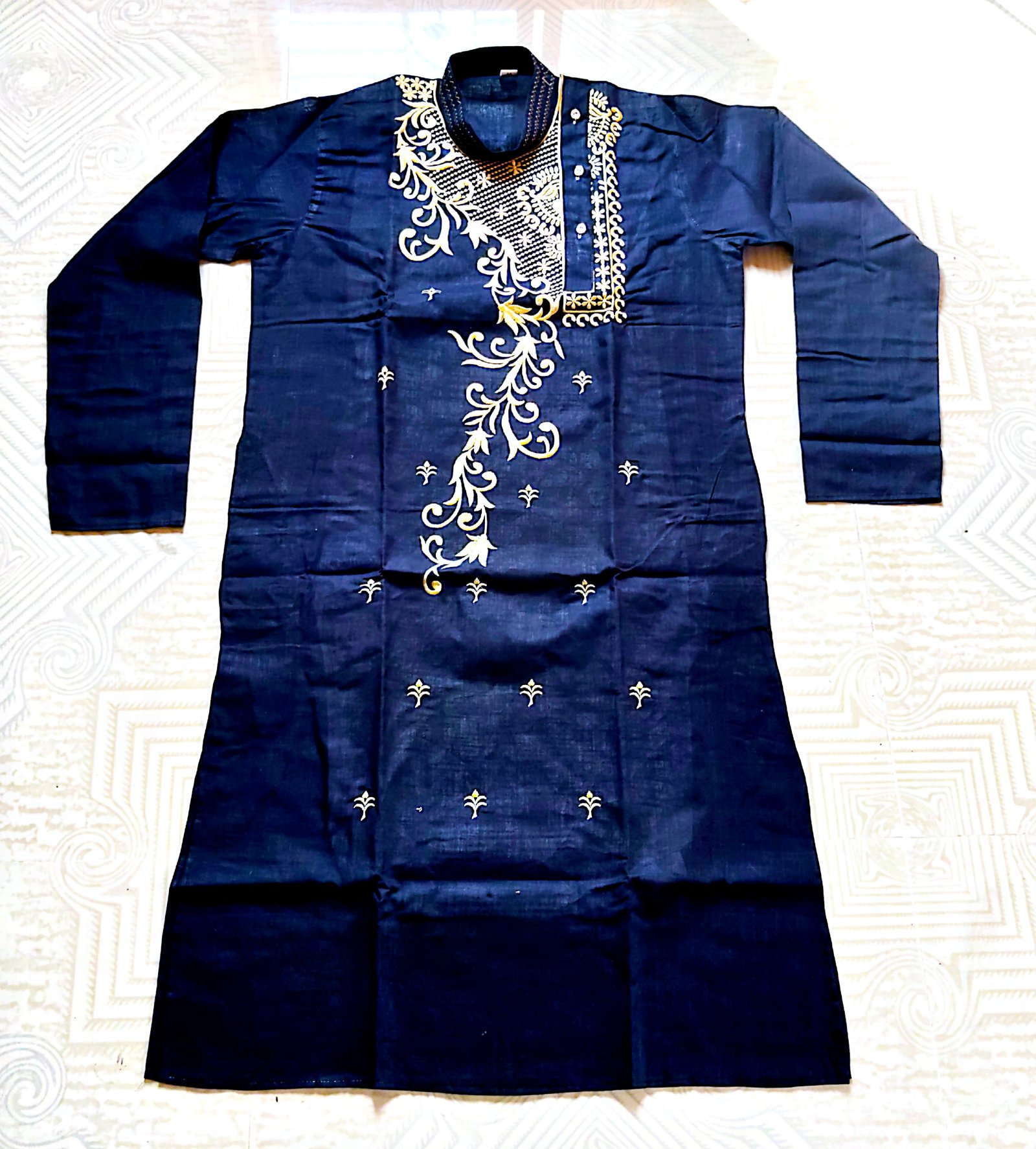 Navy Cotton Kurta with Golden Embroidery - Elegant, Stylish, Long-Sleeved Festive Wear