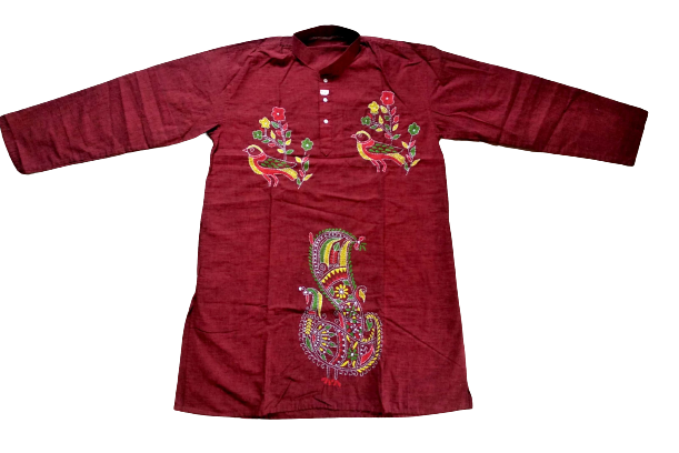 Maroon Bird Motif Kantha Stitch Kurta - Handmade Cotton Casual Indian Kurta