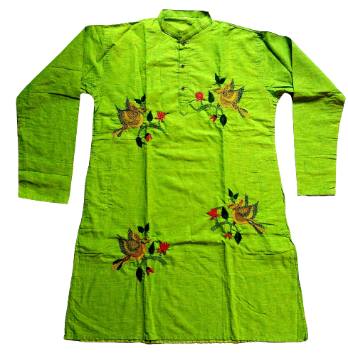 Green Bird & Flower Kantha Stitch Kurta - Handmade Cotton Casual Wear for Men