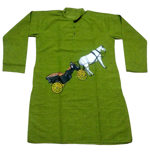 Olive Green Horse Carriage Print Cotton Kurta for Men: Vintage Charm Ethnic Wear