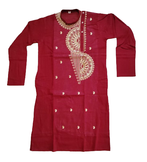Maroon Cotton Kurta with Golden Embroidery: Elegant Festive Wear, Long Sleeves, Traditional Design