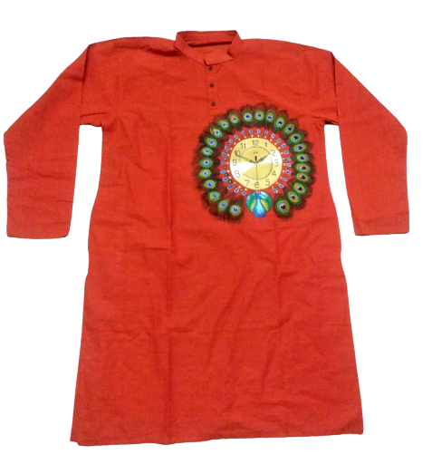 Rust Cotton Clock with Peacock Feathers Print Kurta: Artistic Fusion Ethnic Style