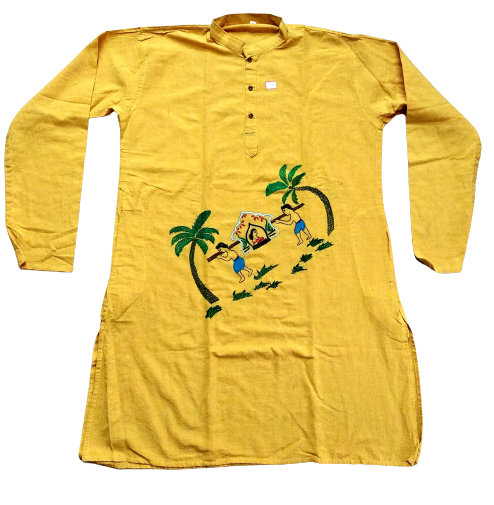 Yellow Cultural Scene Kantha Stitch Kurta - Handmade Cotton Casual Indian Wear