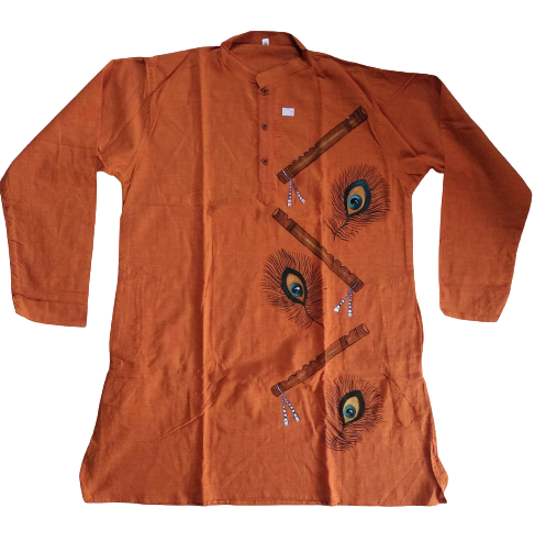 Burnt Orange Flute & Peacock Feather Print Cotton Kurta: Musical Ethnic Charm