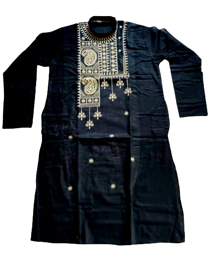 Black Cotton Kurta: Long Sleeved Elegant Design with Golden Embroidery - Festive & Stylish