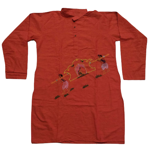 Rust Cultural Scene Kantha Stitch Kurta - Handmade Cotton Casual Indian Wear