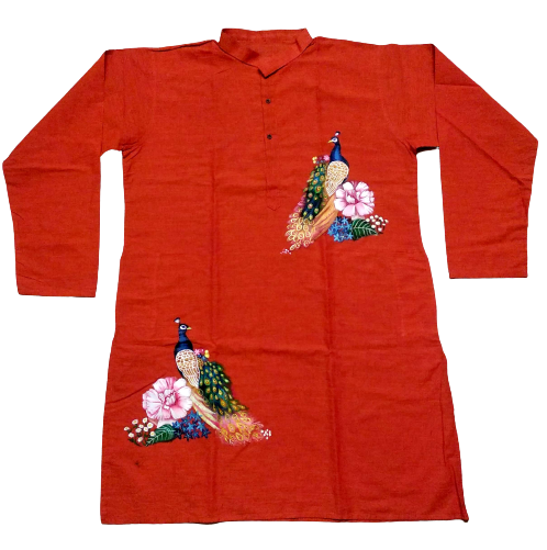 Terracotta Peacock & Floral Print Cotton Kurta: Elegant Ethnic Men's Fashion