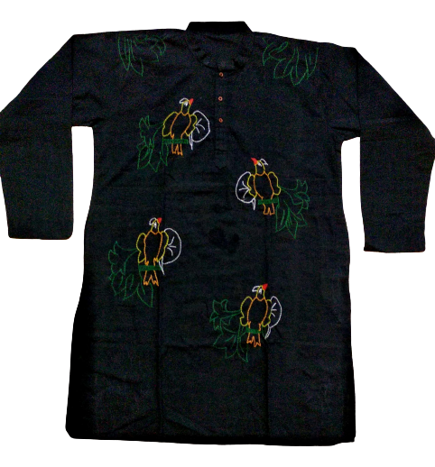 Black Bird Motif Kantha Stitch Kurta - Handmade Cotton Casual Indian Fashion