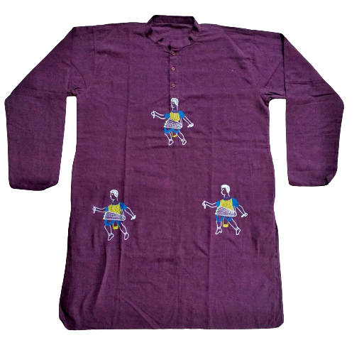Purple Cultural Figure Kantha Stitch Kurta - Handmade Cotton Casual Indian Wear