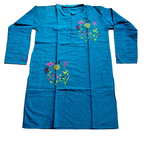Blue Floral Kantha Stitch Kurta - Handmade Cotton Casual Indian Wear for Men