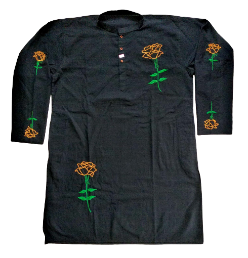 Black Rose Motif Kantha Stitch Kurta - Handmade Cotton Fashionable Casual Wear