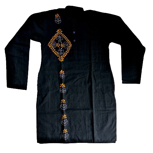 Black Hand Stitch Diamond Design Kurta - Handmade Cotton Casual Wear
