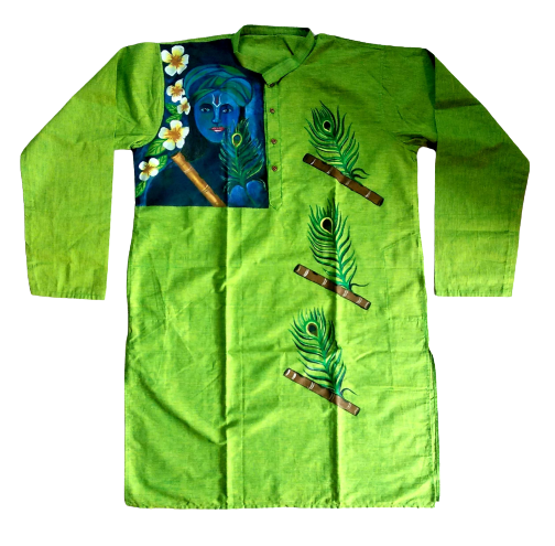 Lime Green Krishna & Peacock Print Cotton Kurta: Divine Ethnic Men's Wear