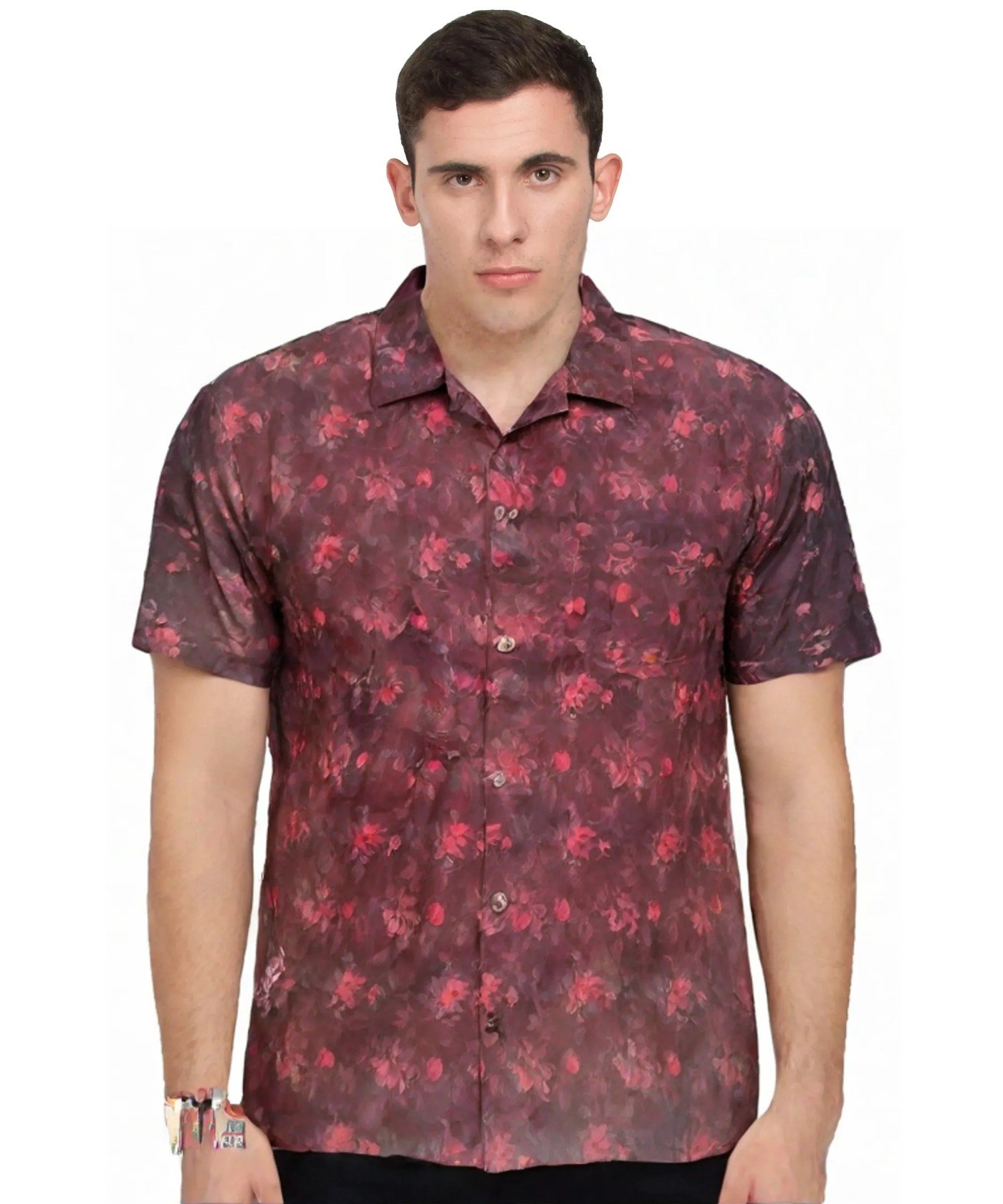 Rustic Leaf Whispers: Men's Maroon Shirt with Leaf Pattern, Short Sleeves, Natural Casual Style