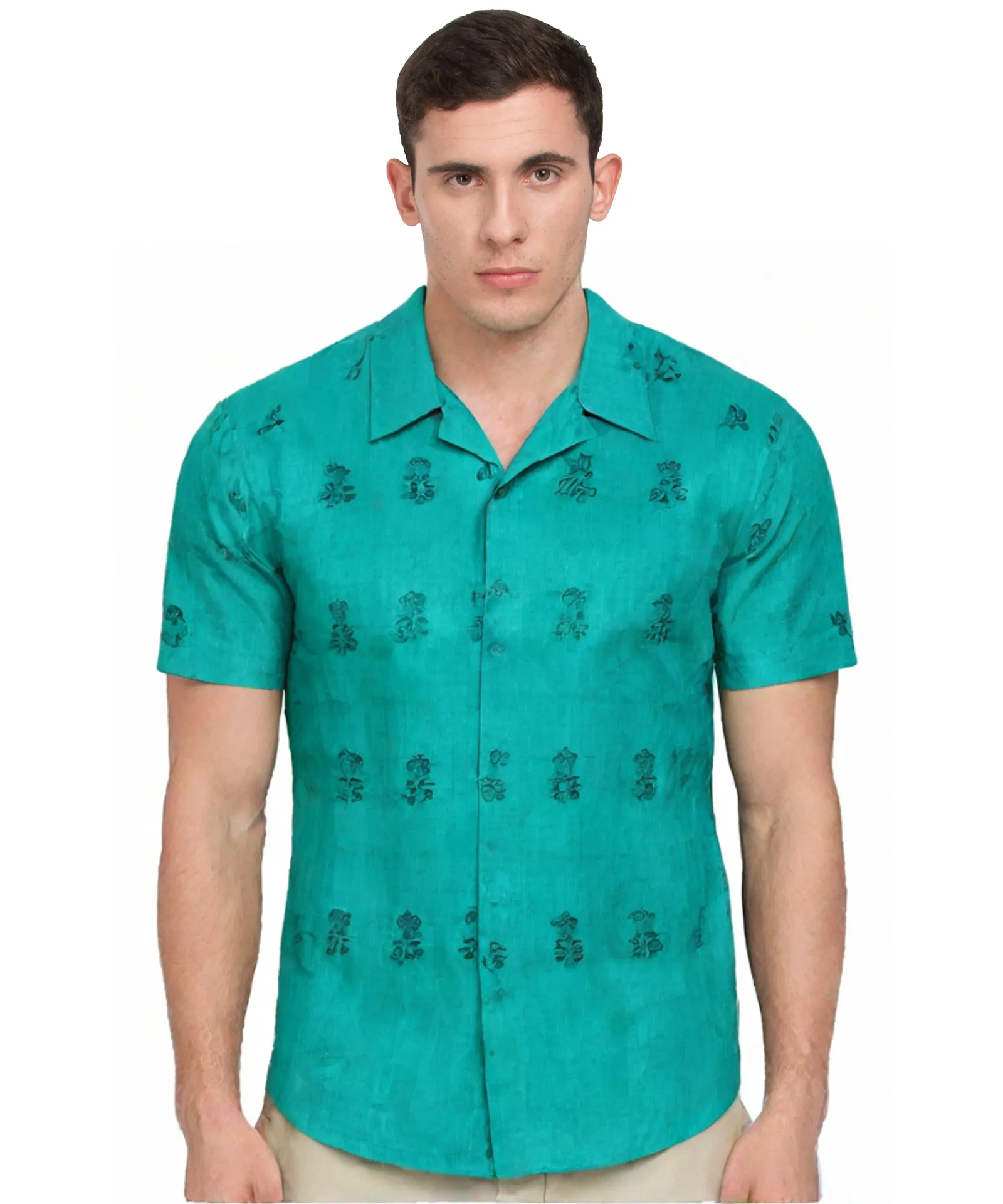 Evergreen Elegance: Men's Green Printed Cotton Shirt, Short Sleeves, Casual Comfort, Ideal for Everyday Wear