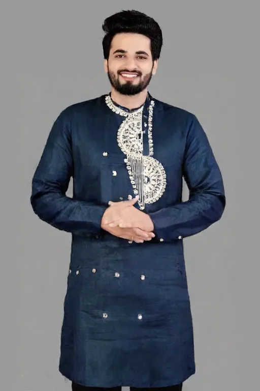 Elegant Navy Blue Embroidered Cotton Kurta - Indian Festive Wear for Men