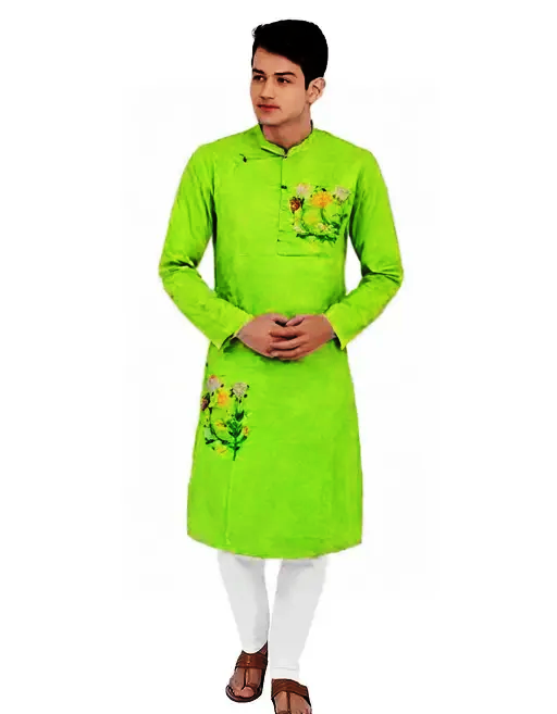 Lime Green Kantha Stitch Kurta for Men: Embroidered Elegance in Traditional Indian Fashion