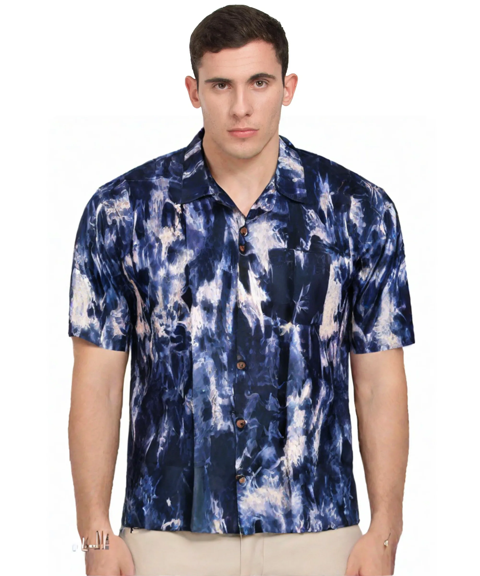 Indigo Tie-Dye Swirl: Men's Blue and White Patterned Shirt, Short Sleeves, Unique Casual Style
