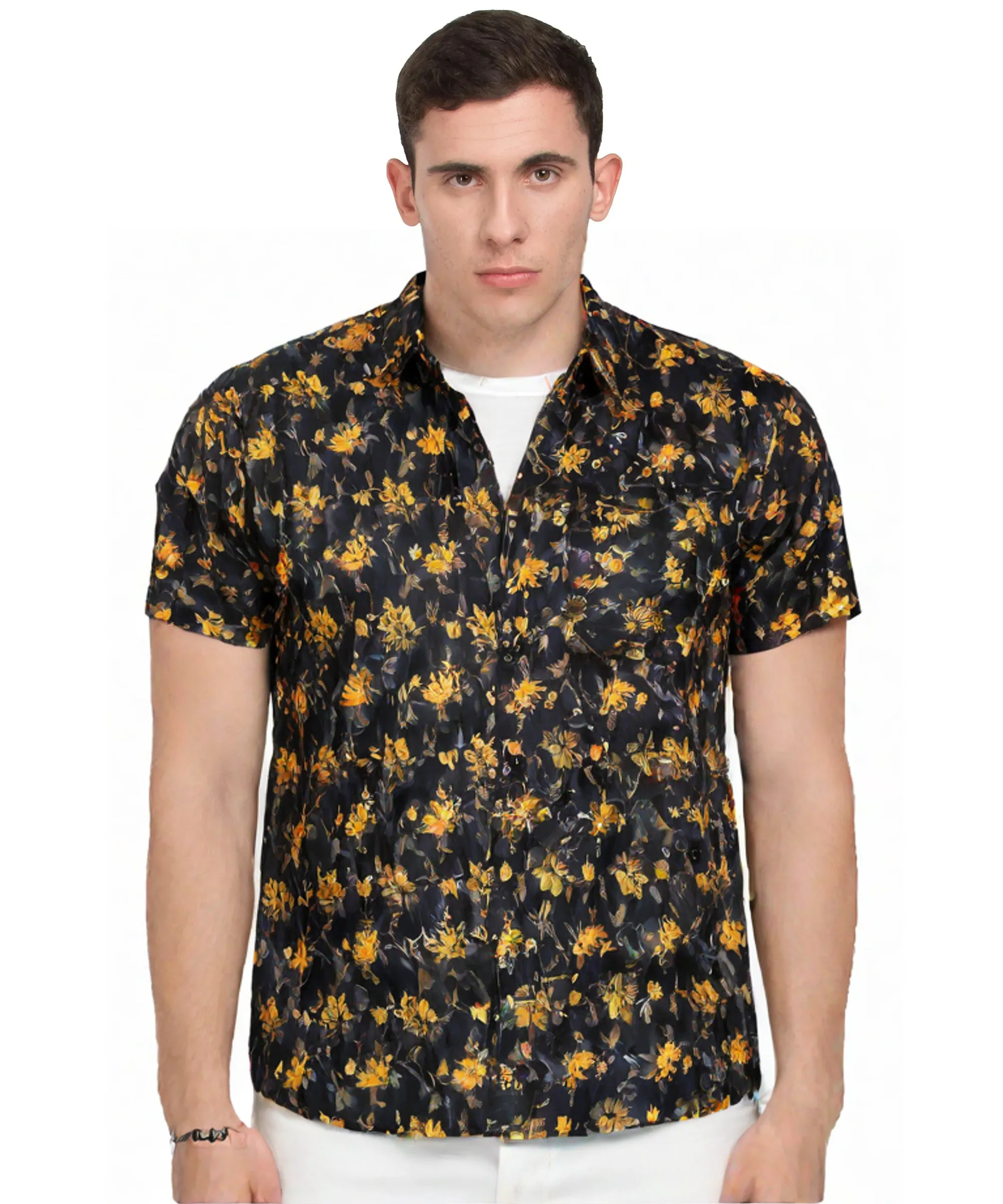 Golden Bloom on Black: Men's Black Shirt with Yellow Floral Pattern, Short Sleeves, Vibrant Casual Style