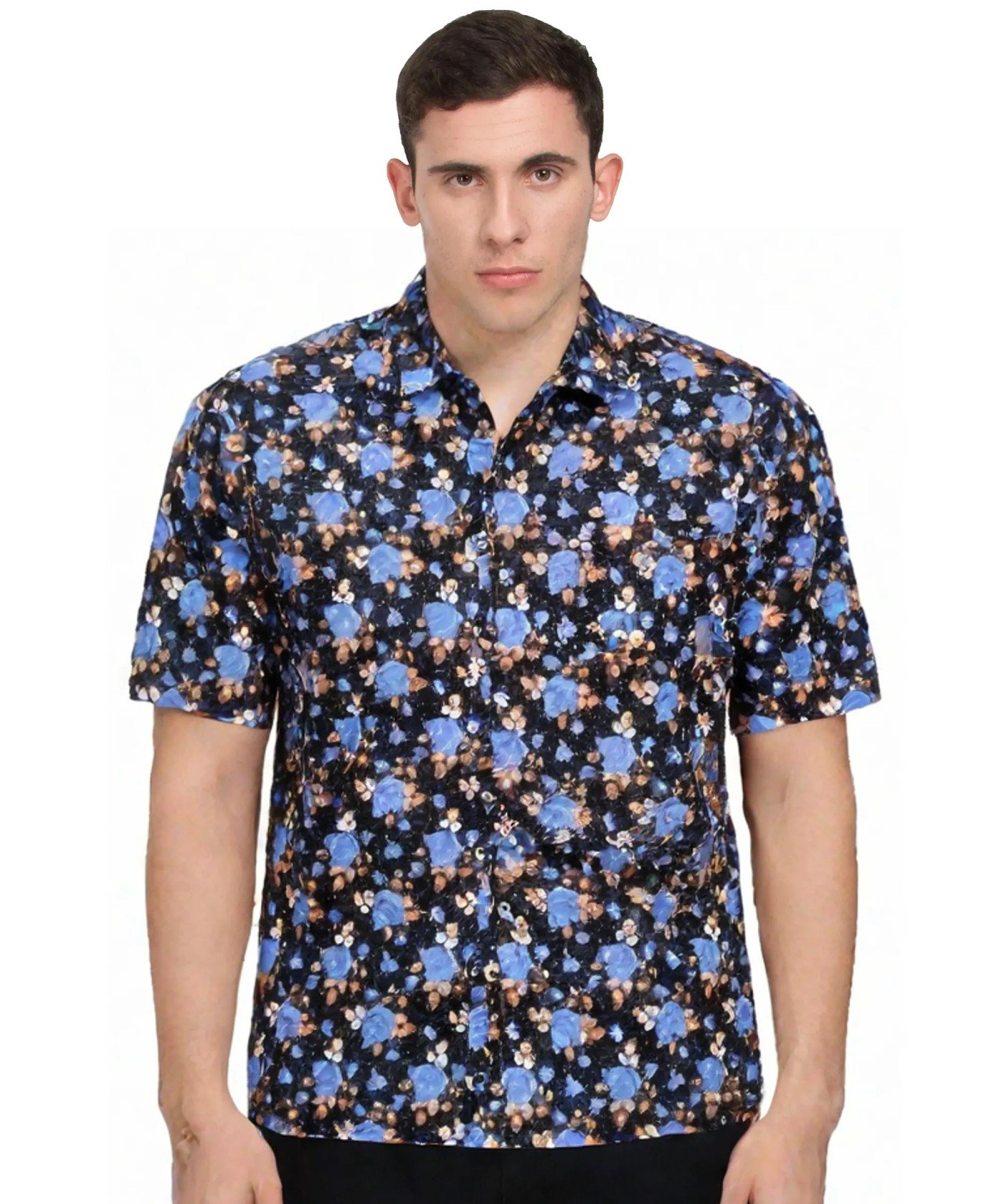 Azure Floral Burst: Men's Navy Shirt with Blue Rose Pattern, Short Sleeves, Vibrant Casual Style