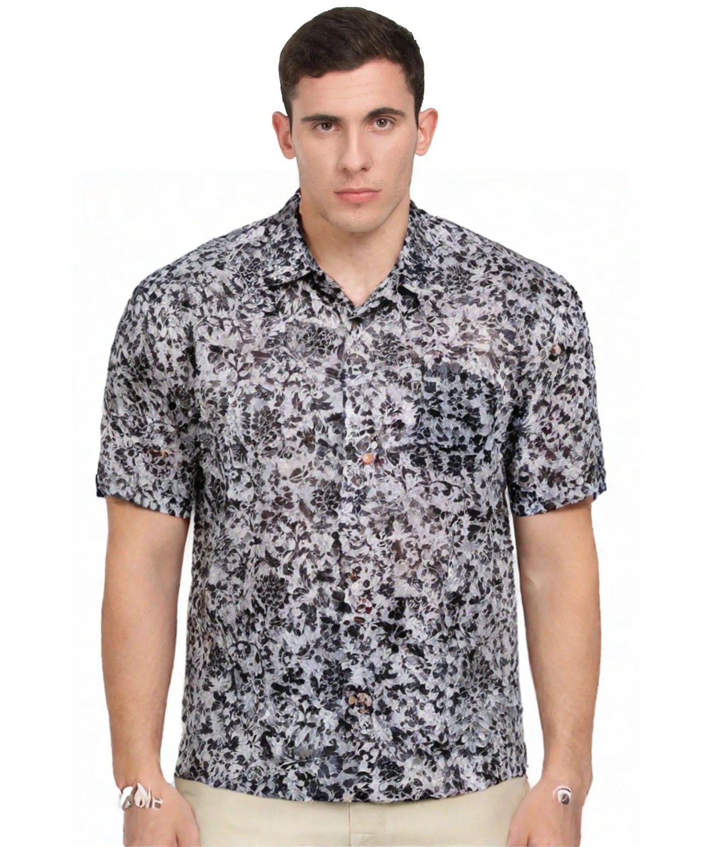 Shadow Floral Detail: Men's Gray Shirt with Black Floral Pattern, Short Sleeves, Elegant Casual Wear